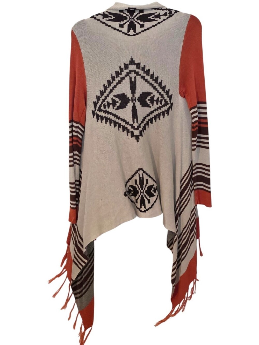 One World Boho Tribal Fringe Open-Front Cardigan Sweater - Rust & Cream Small